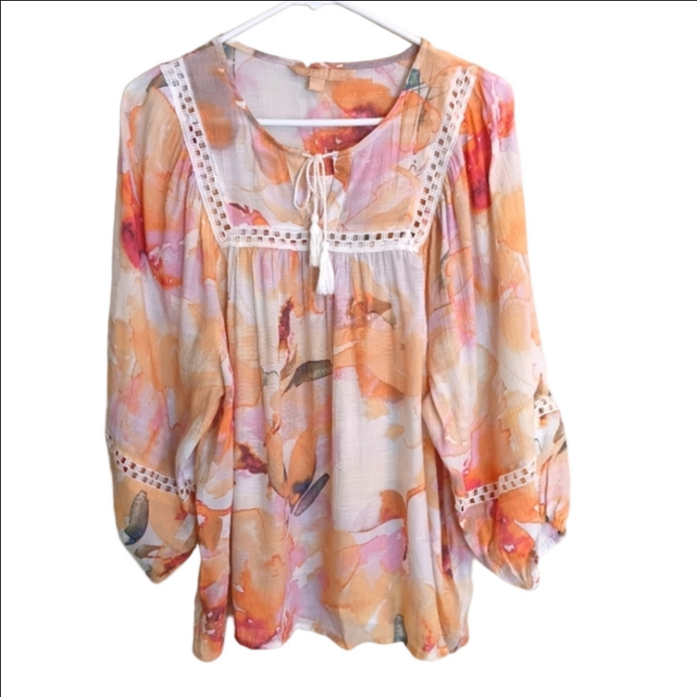 Hope & Harlow Pink & Peach Watercolor Floral Print Flowy Peasant Lightweight Top
